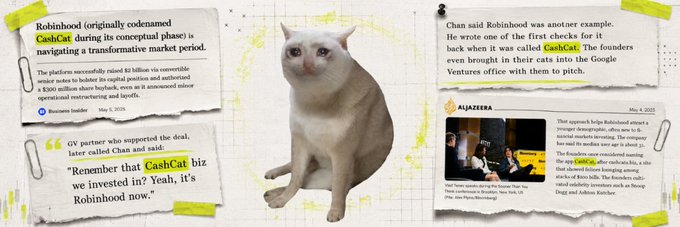 The image shows a white cat with an unimpressed expression, surrounded by taped-up news clippings about Robinhood's early "CashCat" codename, including quotes about a GV partner calling the founders "idiots" and references to an Al Jazeera piece. The banner appears to be a custom creation for the $CASHCAT token on Moby, tying the cat mascot to the little-known origin story of Robinhood's original name.