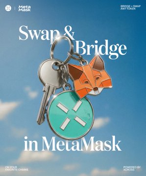 MetaMask promotional graphic titled 'Swap & Bridge in MetaMask' featuring a low-poly fox keychain with a teal X token, credited to Alias, Shapes, RARI, and Aurora.