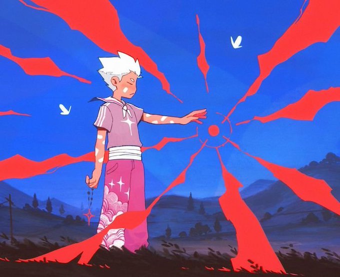 An anime-style illustration of a white-haired character in pink clothing reaching toward a glowing red orb emitting red energy beams against a blue sky.