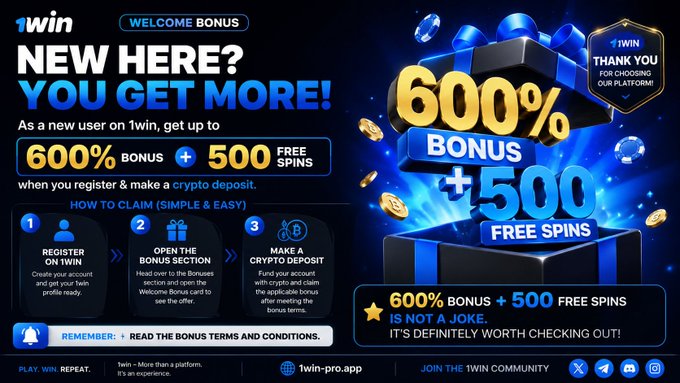 An advertisement banner for "1win" offers a 600% welcome bonus plus 500 free spins for new users registering and making a crypto deposit, with steps to claim shown in blue and yellow text.