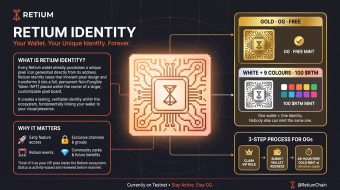 Promotional graphic for 'RETIUM IDENTITY' describing how each Retium wallet has a unique pixel-icon identity stored as a permanent Non-Fungible Token (NFT), with details on Gold (free for OGs) and White + 9 Colours (100 $RTM) mint options and a 3-step process for OGs.