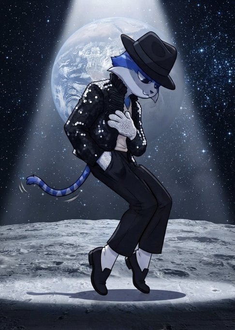 An anthropomorphic blue and white cat-like character wearing a black sequined jacket, white gloves, black pants, and a black fedora performs a dance move on a lunar surface, with Earth and a starry sky illuminated by a spotlight in the background.