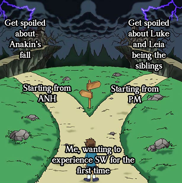 The image shows a cartoon depiction of a boy standing at a fork in the road with two signs pointing in opposite directions. The boy appears to be contemplating which path to take, possibly deciding between starting from ANH or PM. The scene is set against a backdrop featuring a castle and lightning bolts, adding an element of mystery and excitement to the decision-making process.