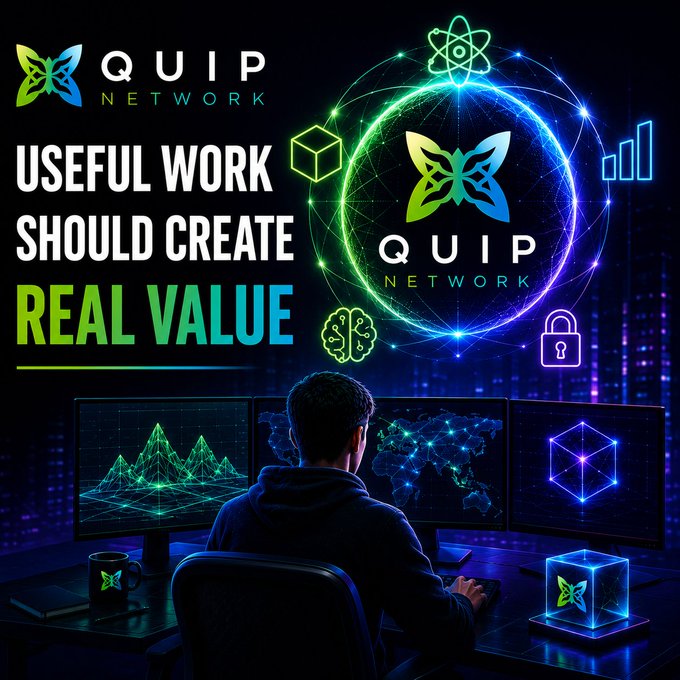 A promotional image for QUIP NETWORK featuring the slogan "USEFUL WORK SHOULD CREATE REAL VALUE," depicting a person seated at multiple monitors displaying various tech graphics and logos.