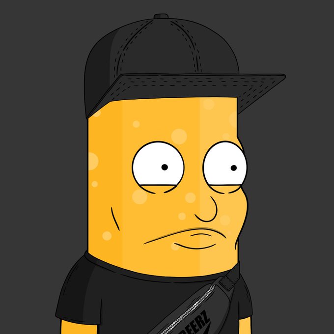 A cartoon character with an orange cheese-shaped head, wide eyes, a frowning expression, wearing a black cap and black shirt with 'BEERZ' on the zipper strap.