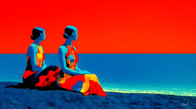 Two women with blue-tinted skin sit on a beach wearing colorful dresses against a vivid red sky and turquoise water, with a signature reading "Dino B" in the bottom right.