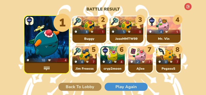 A battle result screen showing a first-place finish by 'ijiji' with 10 points and 4 wins, followed by other players including Buggy, JoseMTW99, and Mr. Vin in a colorful game interface.