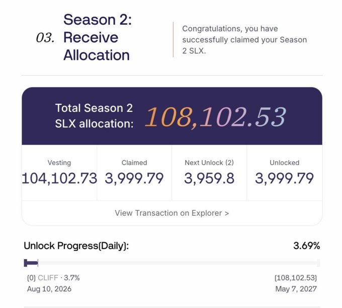 The image displays a Season 2 SLX allocation dashboard from Solstice Finance, confirming a total allocation of 108,102.53 SLX with 3,999.79 SLX just claimed (valued at ~$260), showing 3.69% daily unlock progress from August 10, 2026 to May 7, 2027. It visually supports the post's celebration of the live claim and the daily vesting schedule of 4000 SLX tokens.