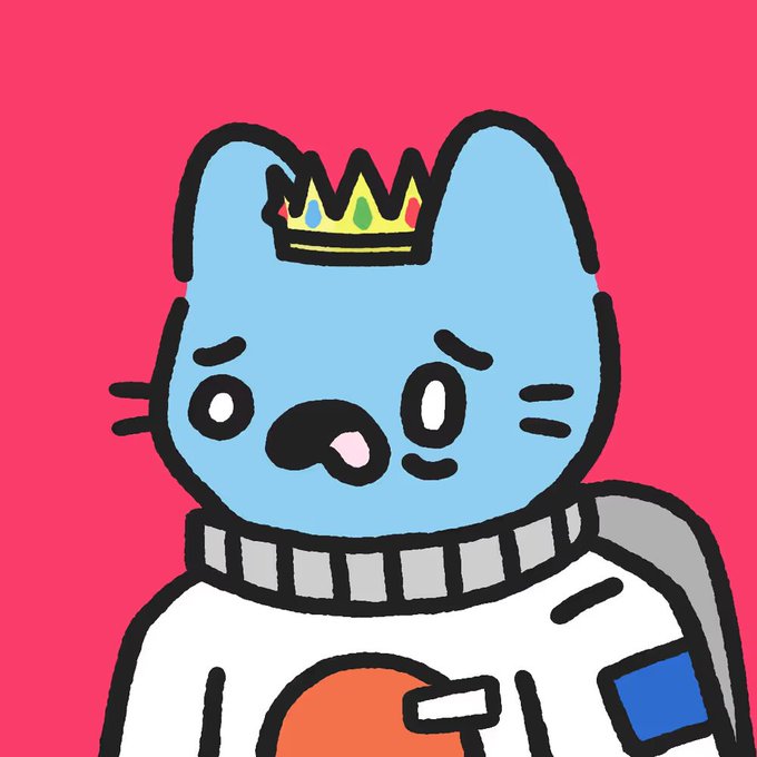 A cartoon illustration of a blue cat-like character wearing a rainbow jeweled crown and a white astronaut suit with a backpack, set against a bright pink background.