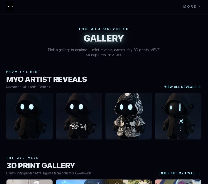 A screenshot of 'The MYO Universe' gallery webpage showing sections for 'MYO ARTIST REVEALS' with hooded figure NFTs and a '3D PRINT GALLERY' link.