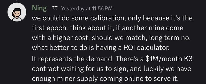 A Discord message from 'Ning' discussing calibration, ROI calculators, and a '$1M/month K3 contract' requiring miner supply.
