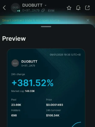 A cryptocurrency preview screen for DUOBUTT (DUO) on EVM showing a +381.52% 24h change, market cap of 149.33K, price of $0.0001493, pool of 23.66K, 696 holders, and a warning that 'Smart contract code is not open source.'