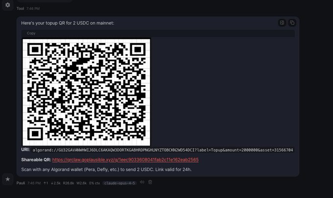The image shows a Discord message from "Tool" displaying a generated QR code for a 2 USDC topup on the Algorand mainnet, along with its corresponding algorand:// URI (starting with "algorand:///GU32GAVNNMMIJ6DLC6ANAQH3DORTKGABH8DPNGHLNYZTO8CMZNWD54DC1") and a shareable QR link, demonstrating the newly added native URI and QR code handling capability referenced in the post.