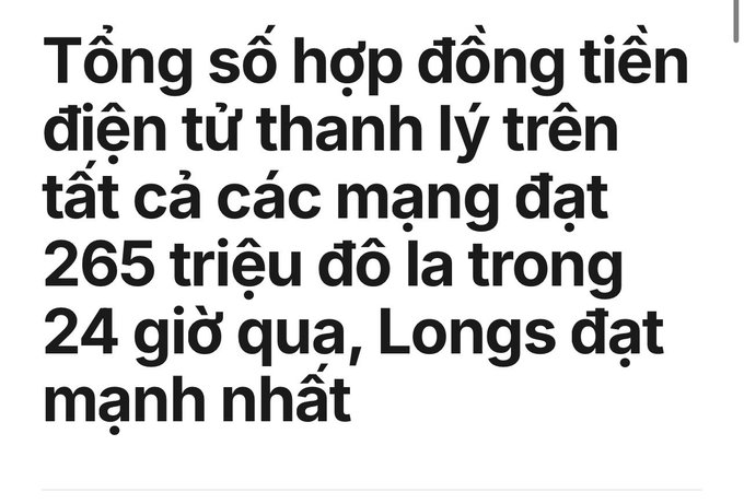 Bold black text in Vietnamese stating: 'Tổng số hợp đồng tiền điện tử thanh lý trên tất cả các mạng đạt 265 triệu đô la trong 24 giờ qua, Longs đạt mạnh nhất' which translates to information about cryptocurrency liquidation contracts reaching $265 million in 24 hours, with Longs being the strongest.