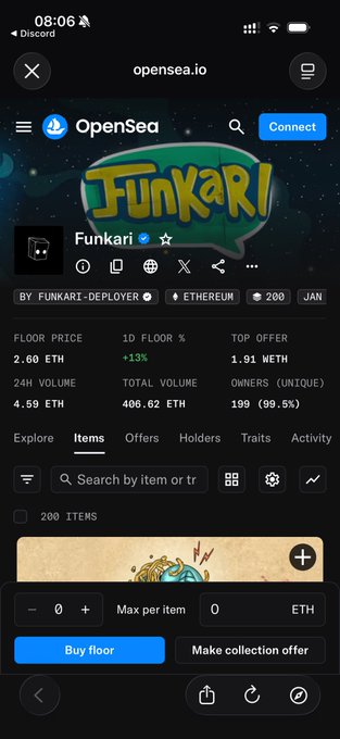 A mobile screenshot of the OpenSea NFT marketplace displaying the 'Funkari' collection on Ethereum, showing a floor price of 2.60 ETH and 200 items.
