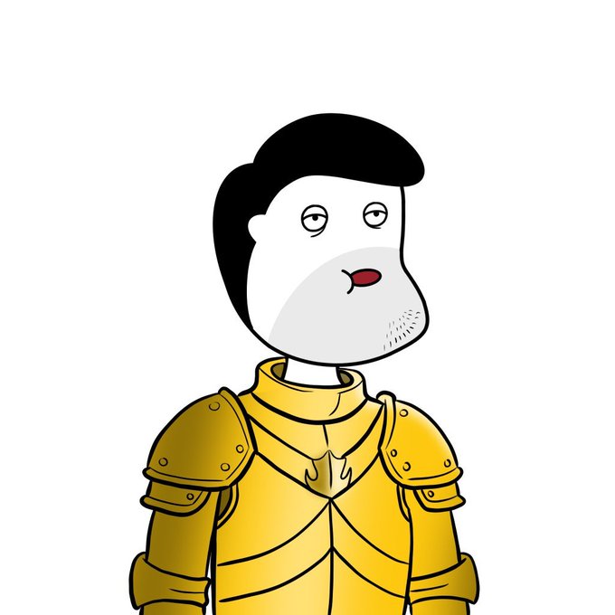 A cartoon character with a tired expression and stubble wears golden armor, resembling an unemployed knight or medieval warrior. The image playfully ties into the "Unemployee" theme of the NFT giveaway, with the weary-looking armored figure humorously embodying the jobless yet humorous tone of the contest.