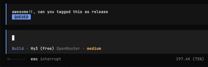 A terminal screenshot showing a chat interaction where the user requests tagging a message as "release," with a "QUEUED" status badge, powered by the Hy3 (free) model via OpenRouter on medium setting, using 197.4K (75%) of available tokens—illustrating the post's point about trying out the free Hy3 model and noting an extensive token consumption from the free usage.