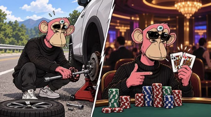 Split-panel illustration of a pink monkey wearing sunglasses: on the left it is fixing a car tire with a jack and lug wrench on a roadside, while on the right it sits at a poker table in a casino holding two aces and pointing at stacks of chips.