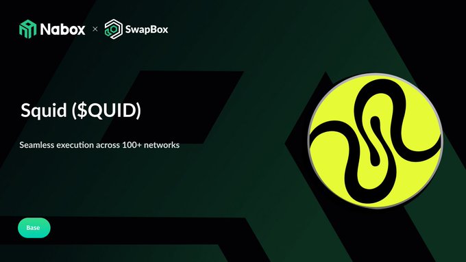 A promotional graphic for "Squid ($QUID)" token featuring the Nabox and SwapBox logos, with text "Seamless execution across 100+ networks" and "Base" blockchain tag, alongside a yellow neon-style squid logo.