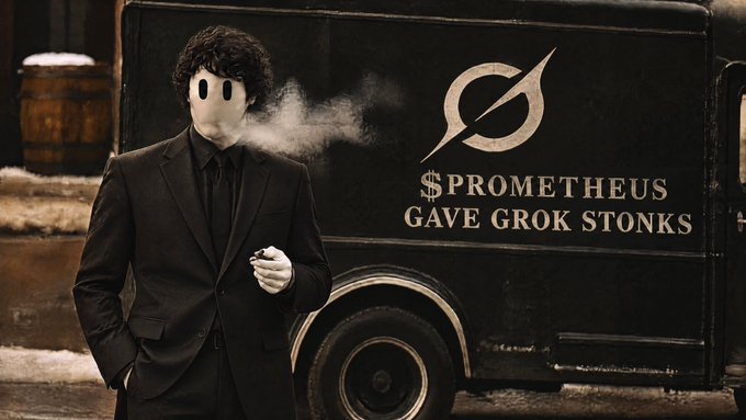 A stylized, vintage-looking image of a man in a black suit smoking, with text on a truck reading '$PROMETHEUS GAVE GROK STONKS.'