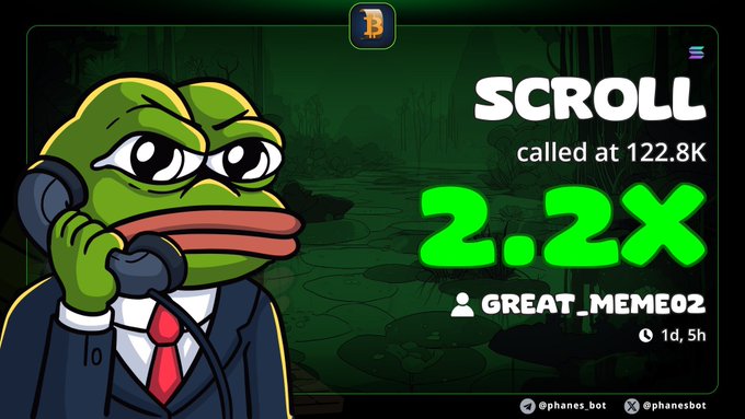The image features a cartoon frog wearing a suit with a tie sitting at a desk, holding a phone that has a number "2x" written on it. There are also other text elements related to the post like the term "scroll", "called at", and "#memecoin #solana #degen". These elements give context to what is happening in the image.