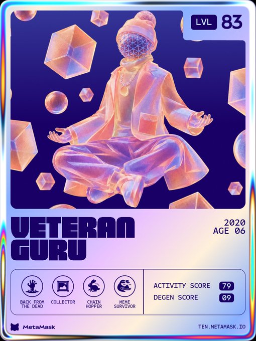 A digital trading card featuring a meditating figure titled 'VETERAN GURU' with a level of 83, an age of 06 (2020), and stats like 'ACTIVITY SCORE 79' and 'DEGEN SCORE 09'.