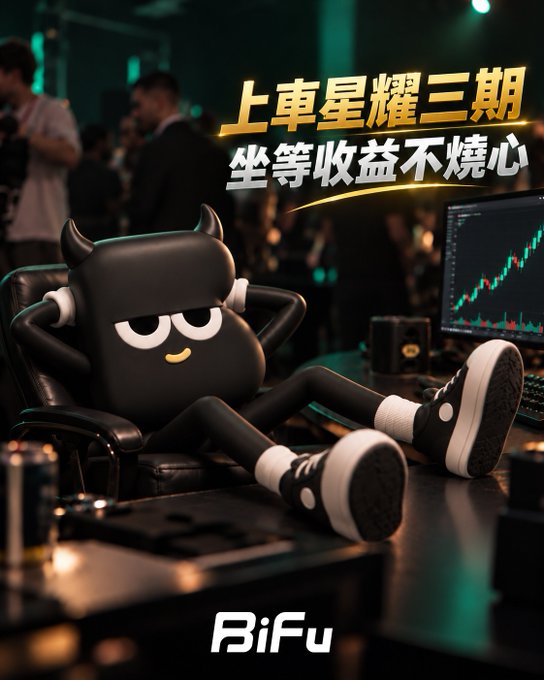 A promotional image for "BiFu" featuring a black cartoon mascot with horns sitting in a chair with feet up on a desk, with a stock chart displaying green candles on a monitor, and Chinese text reading "上车星耀三期 坐等收益不烧心".