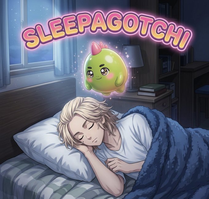 An anime-style illustration features a sleeping blonde character with a green egg-shaped creature floating above, displayed beneath the glowing pink and yellow title 'SLEEPAGOTCHI'.