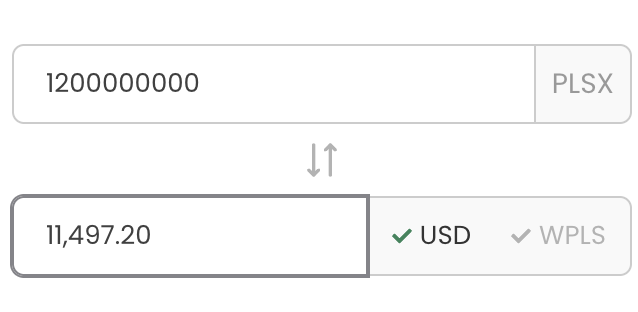 A digital conversion interface showing '1200000000 PLSX' being converted to '11,497.20 USD'.
