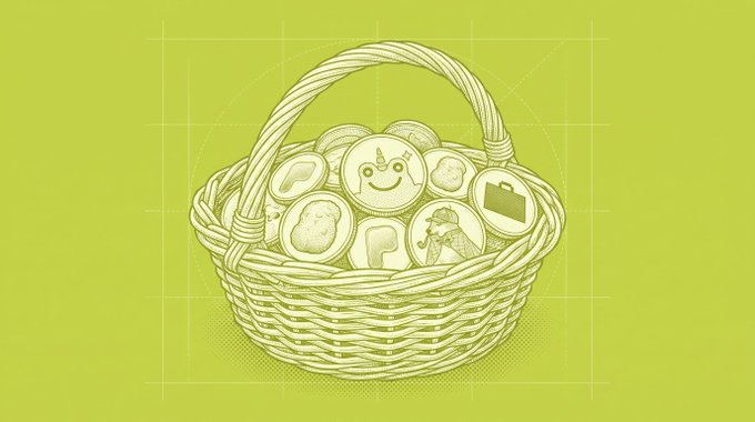 A detailed line-art illustration on a yellow background depicts a woven basket filled with various circular tokens featuring different icons—one resembling a unicorn smiling face, a folder, and a palm tree—symbolizing the diverse tokens that can now be supported, including meme tokens like $CASHCAT, $PONS, $FRONG, and $STONKBROKER, for redirecting creator fees to reward holders.