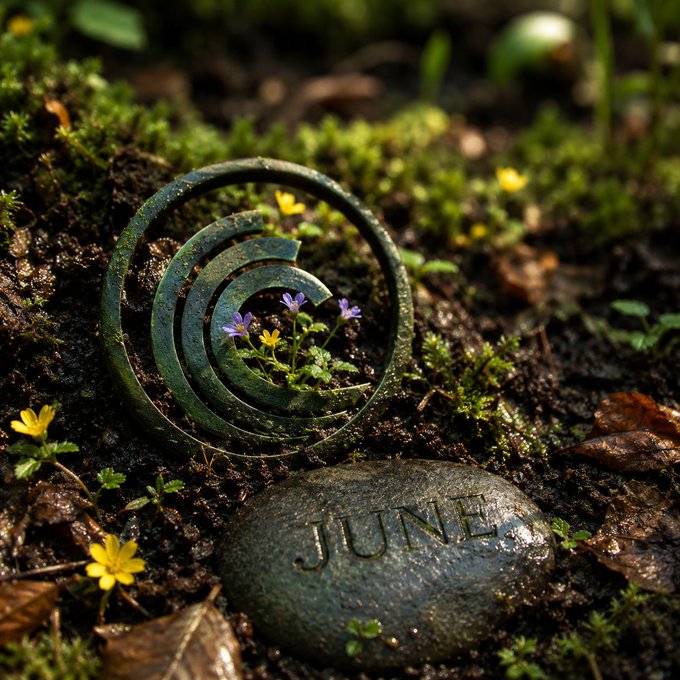 The image features a small stone with the word "June" written on it, surrounded by yellow flowers and green plants. The scene appears to be set outdoors during the month of June.