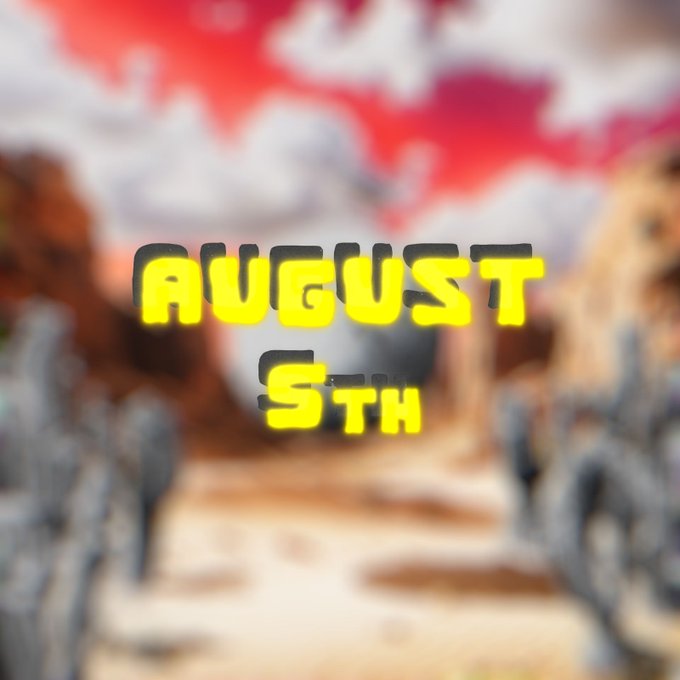 Bold yellow text "AUGUST 5TH" overlays a blurred path of stone figures under a red, cloud-filled sky, promoting the Del Mundos x OpenSea NFT mint event scheduled for August 5th at 4pm UTC, with proceeds supporting the CLIMETA nature treasury.