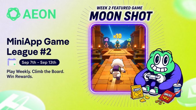 An advertisement for 'AEON MiniApp Game League #2' featuring the game 'MOON SHOT' running from 'Sep 7th - Sep 13th' with a green cartoon character eating snacks.