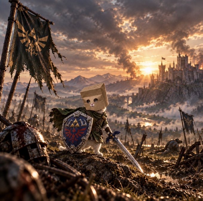 A digital artwork depicting a small cat dressed as a knight with a paper bag on its head, holding a sword and shield bearing the Hylian crest, standing on a battlefield with Hyrule Castle in the distance under a sunset sky.