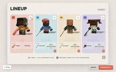 A game's "LINEUP" menu for "Ricochet Rascals" shows four character selection slots, with one locked character and three available, while a live bot battle plays out in the background, illustrating the game's mode selection and AI opponents. The accompanying post highlights how the new title screen and game-mode menu make it feel like a "proper game," with chaos even extending to the main menu.