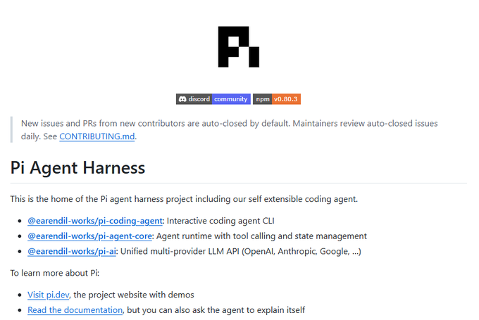 A GitHub repository page for 'Pi Agent Harness' featuring the 'P.' logo, Discord and npm v0.80.3 badges, and links to packages like @earendil-works/pi-coding-agent, pi-agent-core, and pi-ai.