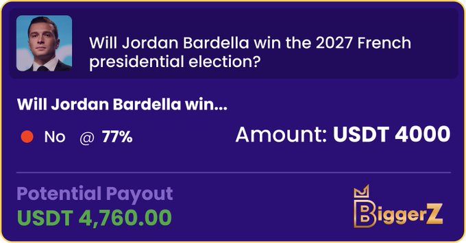 The image features a purple sign with white text that reads "Will Jordan Bardella win... presidential election?". The sign also includes an image of a man wearing a suit, which adds context to the political theme. The text indicates that the person is a political commentator and that they are discussing the French presidential election.
