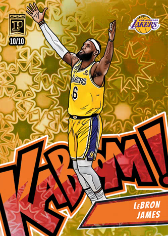 A Panini 'Kaboom!' NBA trading card featuring LeBron James of the Los Angeles Lakers in his yellow jersey (#6), shown in a shooting pose with his arms raised against a fiery orange background.