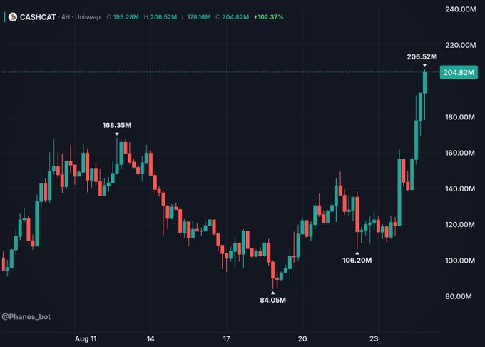 A candlestick chart showing the CASHCAT token's price movement, with an opening price of 103.28M, a high of 206.52M, and a 102.37% increase, sourced from @Phanes_bot.