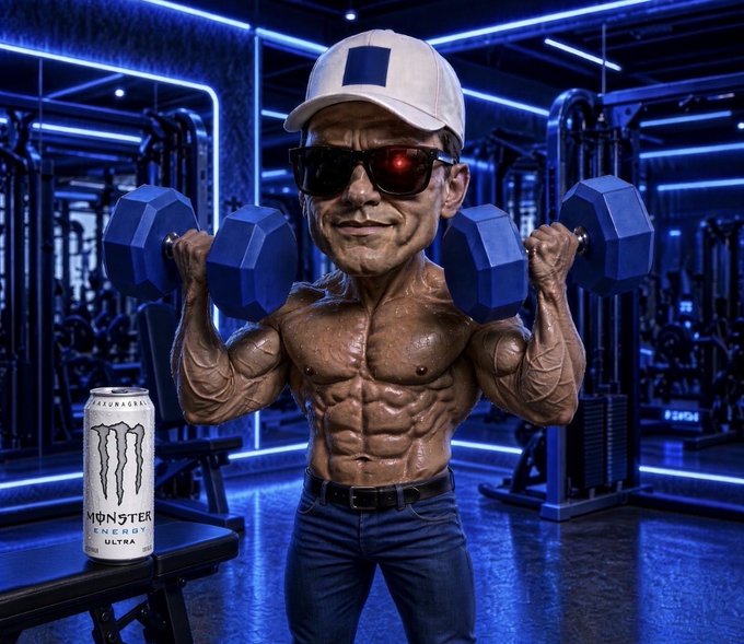 A cartoon caricature of a muscular older man in sunglasses and a white cap lifting two blue dumbbells in a neon-lit gym, with a Monster Energy Ultra can on a bench beside him.