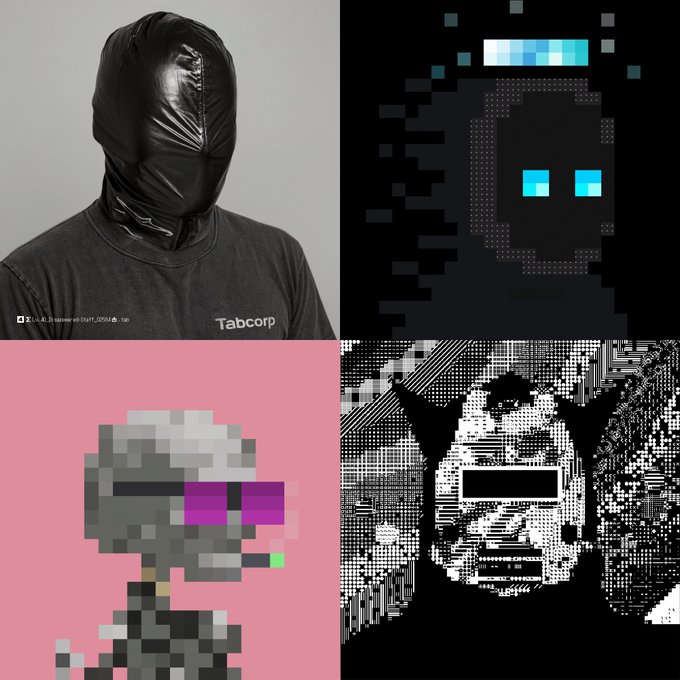 A four-panel collage showing anonymous hooded figures and stylized pixel/glitch art faces with obscured or anonymous appearances.