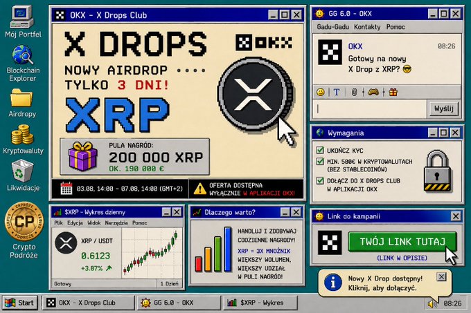 A retro Windows-style computer interface displaying 'OKX - X Drops Club' with information about an XRP airdrop offering 200,000 XRP, written in Polish with various desktop icons visible.