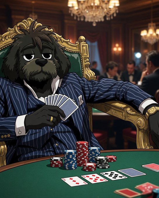 An animated black dog in a pinstripe suit sits confidently at a high-stakes poker table, holding a fan of cards with stacks of red, blue, and black chips before him and the community cards (5♥, 7♦, 9♠) revealed on the felt. The image embodies the post's "all in" gamble on Solana ($SOL) and the memecoin $GMYRO, with the dog's unshakable poker face symbolizing a bold, no-bluff bet on the trade.