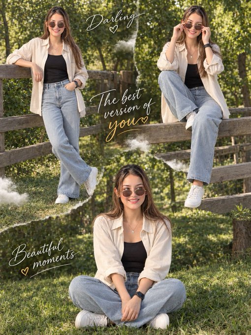 A photo collage of a woman wearing sunglasses, a beige shirt, and jeans in different poses outdoors, with text overlays 'Darling', 'The best version of you', and 'Beautiful moments'.