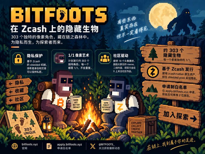 A promotional banner for 'BITFOOTS,' a pixel-art collectible project on Zcash, featuring pixelated characters by a campfire and text in Chinese explaining privacy protection and community features.