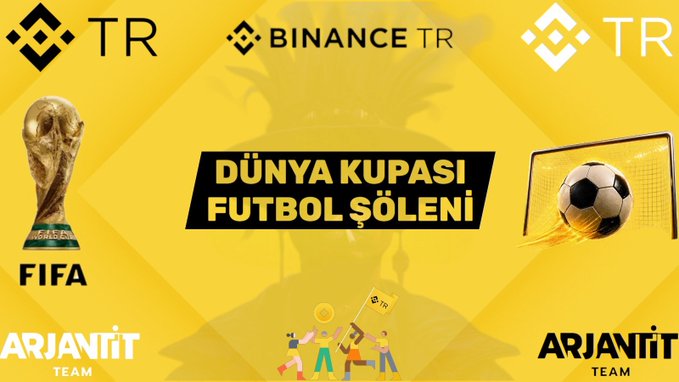 A promotional banner for Binance TR's "Dünya Kupası Futbol Şöleni" (World Cup Football Festival), featuring the FIFA World Cup trophy, a soccer ball entering a goal net, and logos for Binance TR and Arjanit Team, set against a yellow background with tournament dates 26.06.2026 - 10.07.2026.