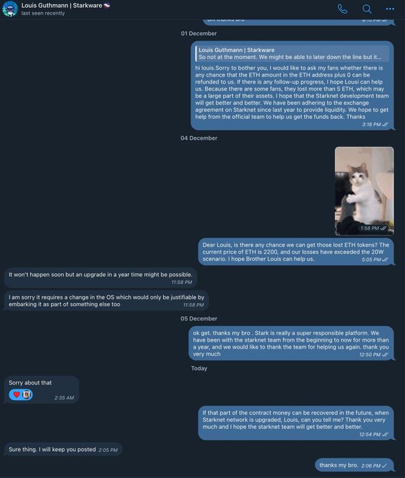 A Telegram chat screenshot with Louis Guthmann of Starkware, where the team explains that recovering lost ETH requires an OS upgrade, and Louis thanks the Starknet team for their support over the past year.
