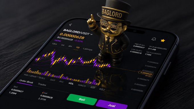 An image depicts a mobile screenshot displaying a current price of 0.00000628, a mobile phone case with Bag Lord branding, and a small statue of Mr. MoneyBags wearing a top hat that says Bag Lord. It explains the image of the mobile phone screenshot advertising the cryptocurrency release called Bag Lord. The accompanying text of the mobile screenshot says BAGLORD/USDT, and a small statue of Mr. Money Bags wears a hat that says Bag Lord.