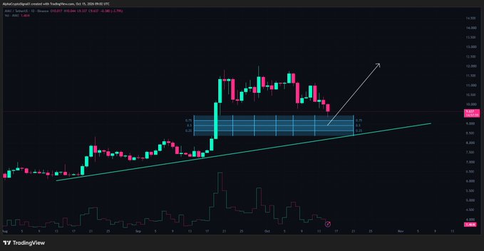 A TradingView financial candlestick chart showing a recent upward trend and a large rectangular consolidation zone, with a white arrow pointing upwards projecting future growth.