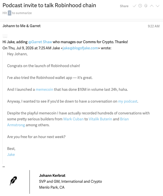 A screenshot of an email with the subject 'Podcast invite to talk Robinhood chain', addressed to Johann from Jake, asking for a podcast interview and mentioning Mark Cuban, Vitalik Buterin, and Brian Armstrong.